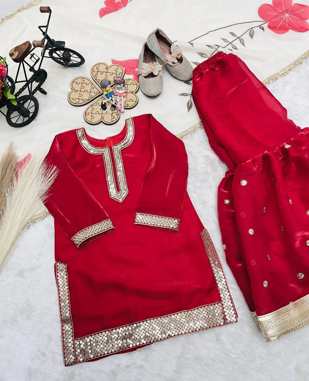 Red Girl Kid Sharara Suit - Image 4