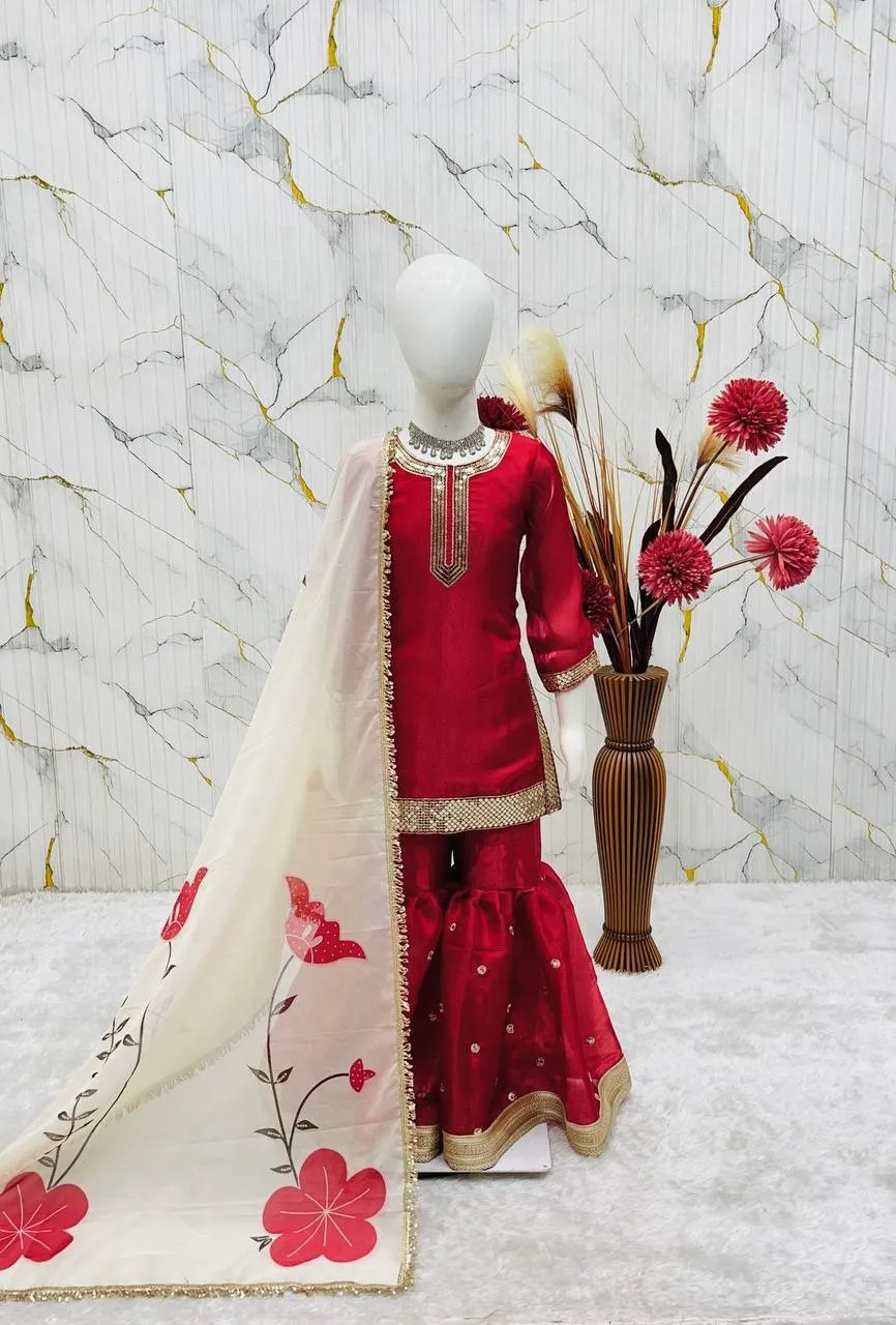 Red Girl Kid Sharara Suit - Image 6