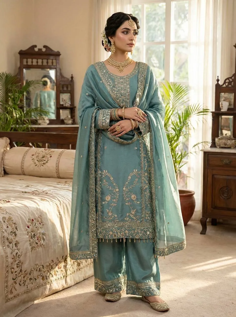 Sea Green Pakistani Pant Suit Set