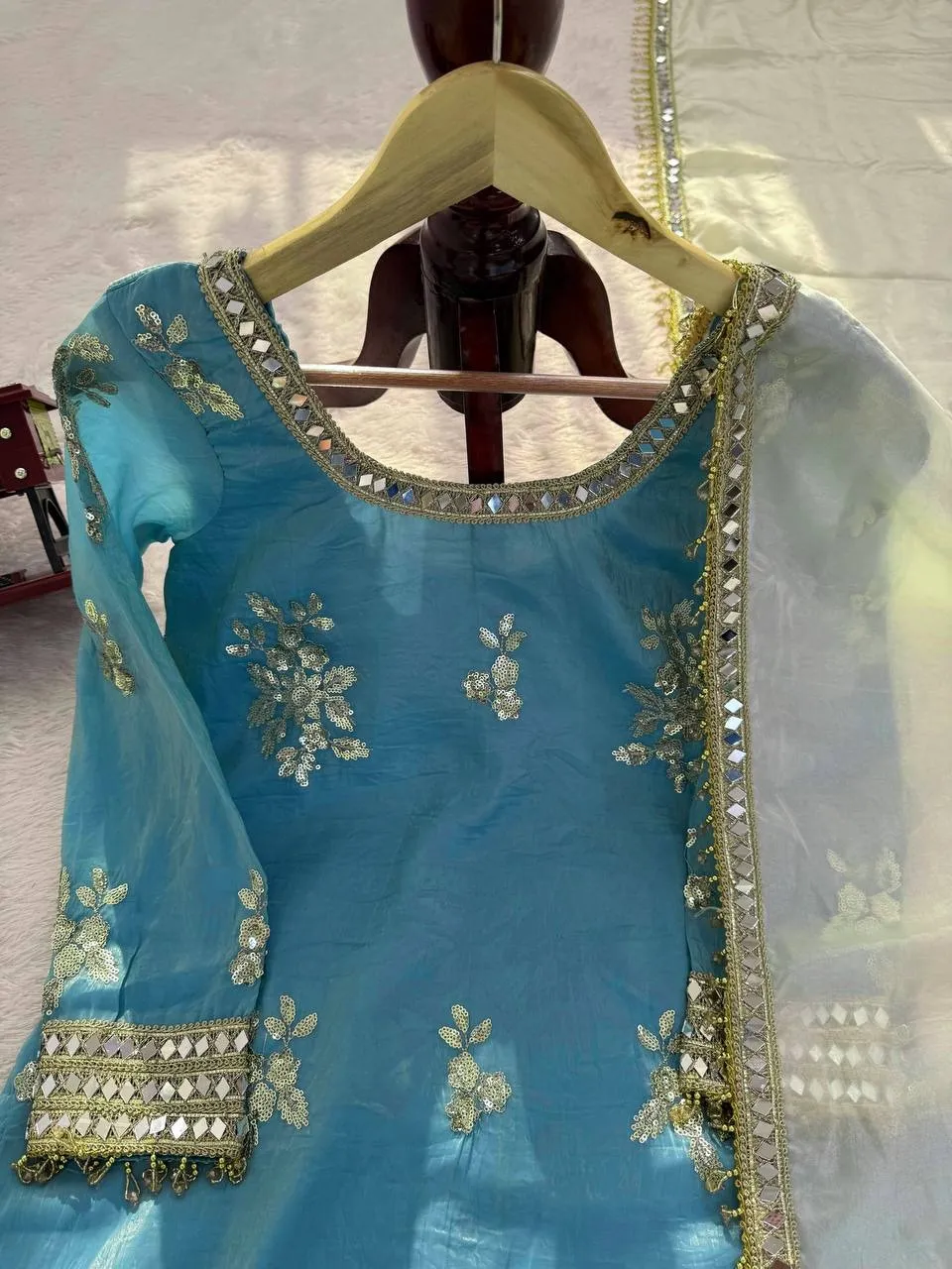 Sky Blue Short Shirt with Plazzo Set | Eid Wear Suits - Image 2
