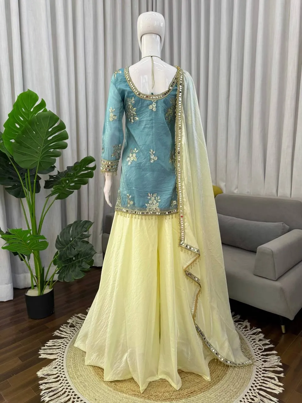 Sky Blue Short Shirt with Plazzo Set | Eid Wear Suits - Image 3