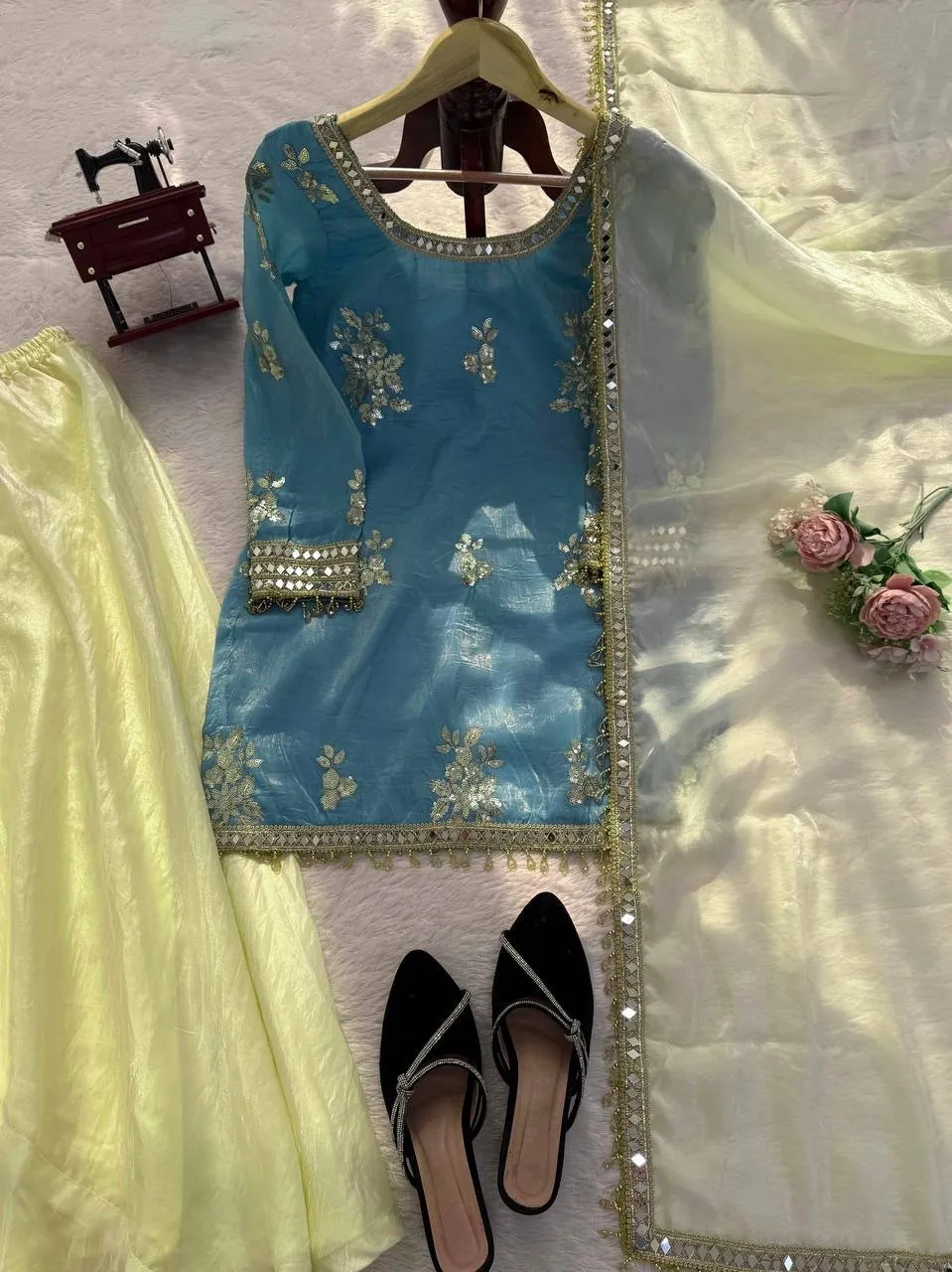 Sky Blue Short Shirt with Plazzo Set | Eid Wear Suits - Image 4