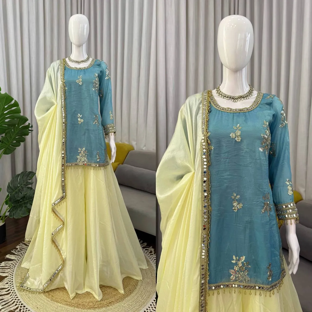 Sky Blue Short Shirt with Plazzo Set | Eid Wear Suits - Image 5