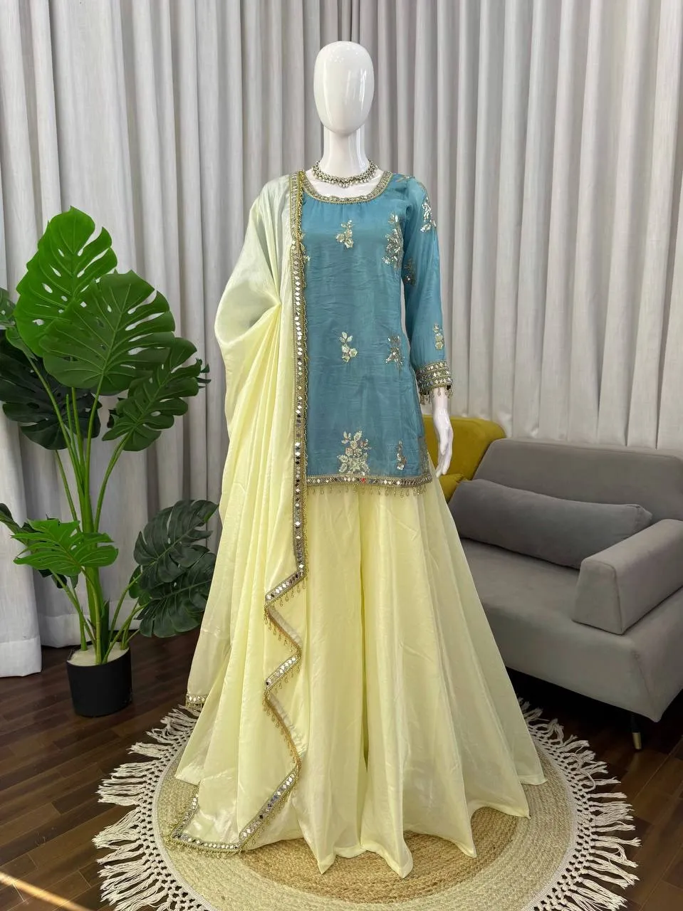 Sky Blue Short Shirt with Plazzo Set | Eid Wear Suits - Image 6