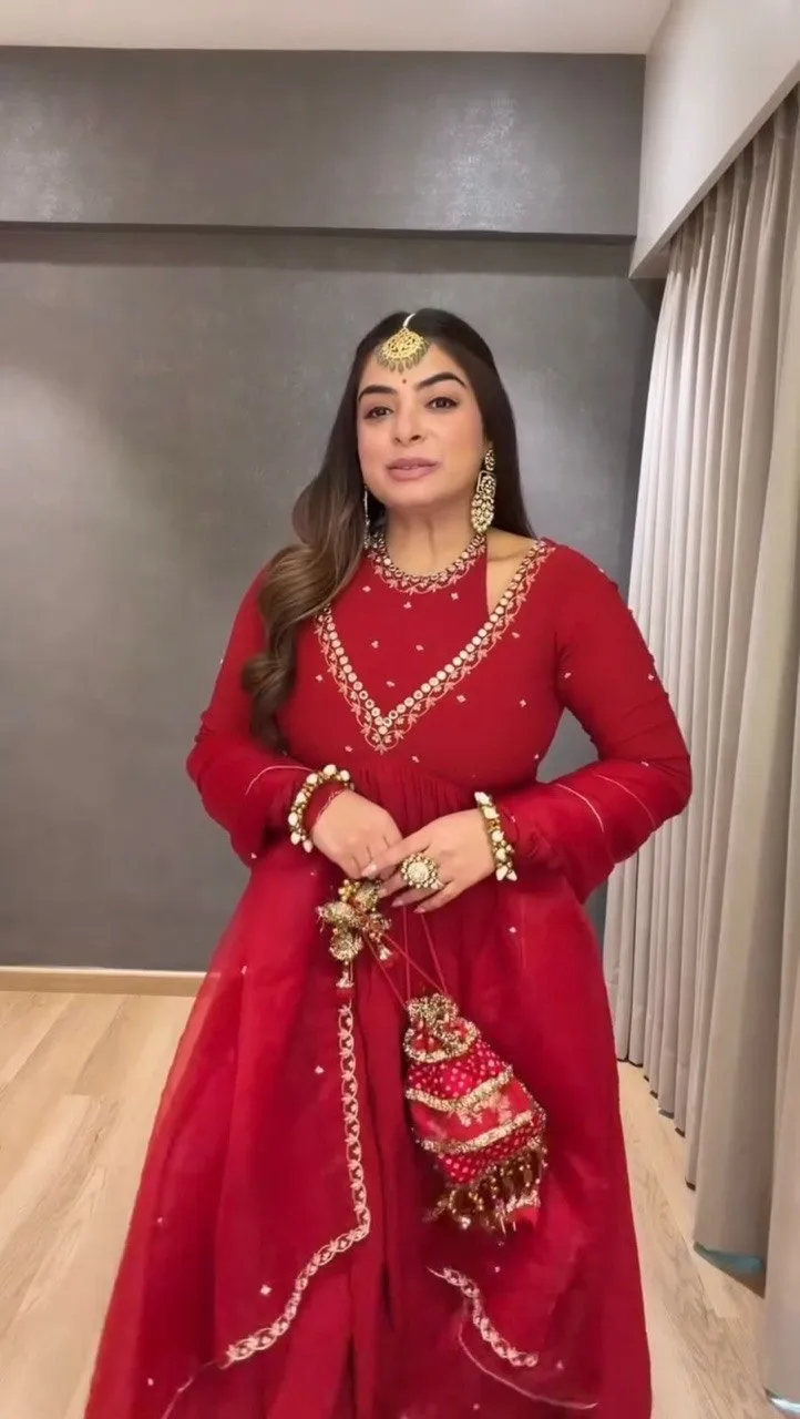 Stylish Neck Pattern Red Anarkali Suit Set