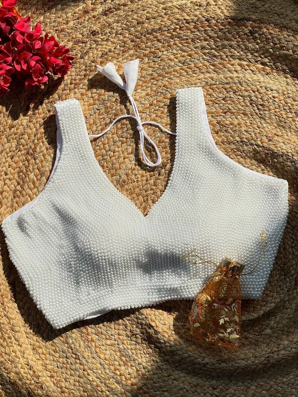 White Pearl Moti Sleeveless Blouse for Wedding