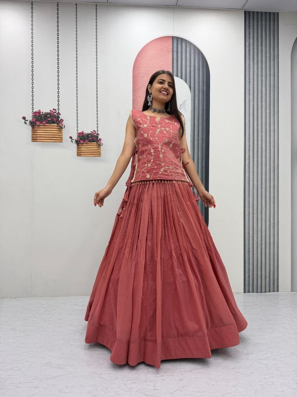 Pink Designer Long Blouse with Lehenga Under 2000 - Image 5