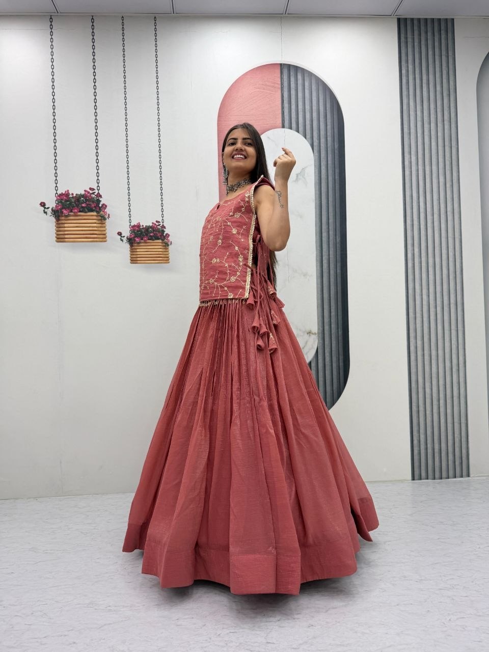 Pink Designer Long Blouse with Lehenga Under 2000 - Image 4