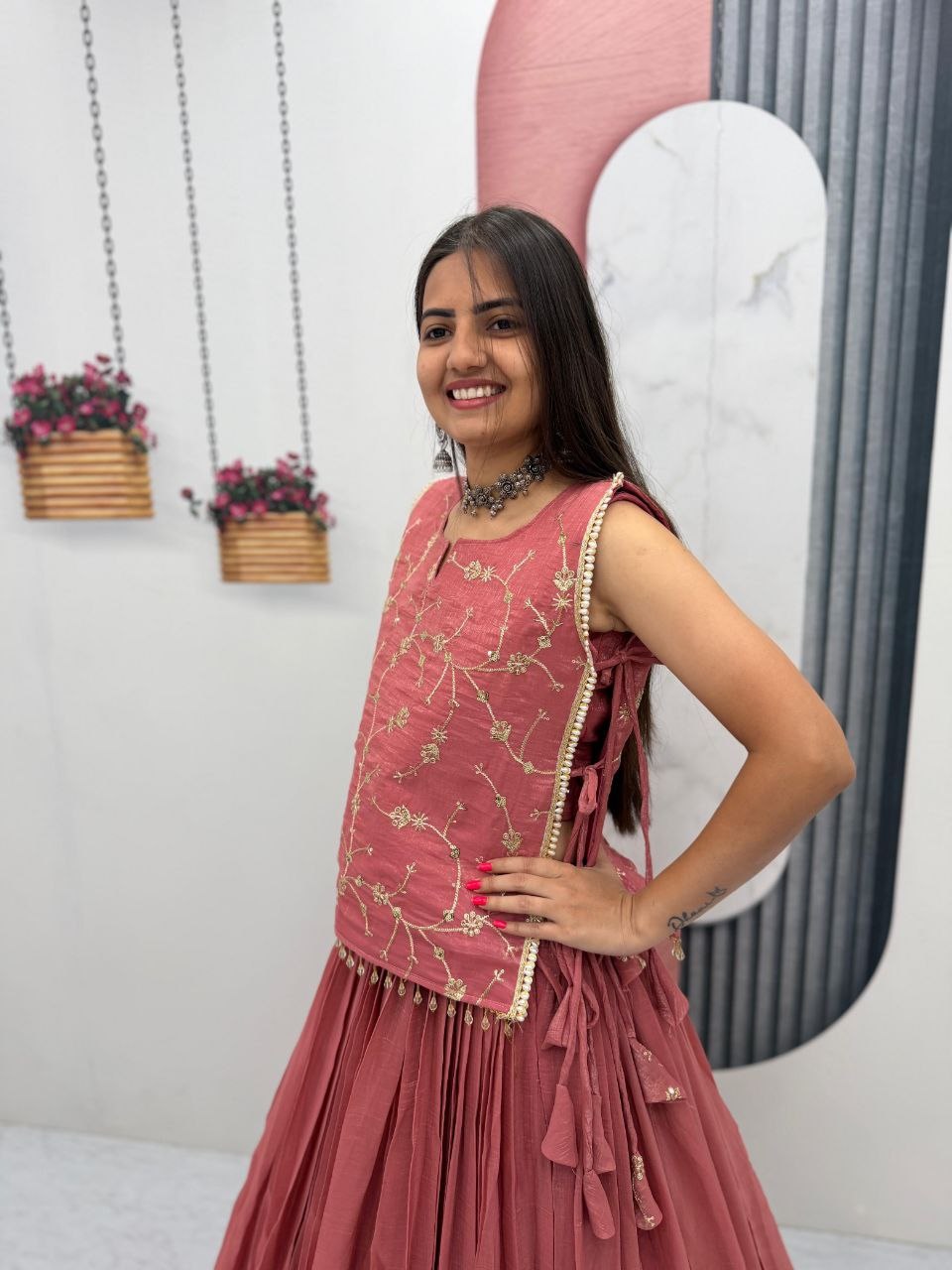Pink Designer Long Blouse with Lehenga Under 2000 - Image 3