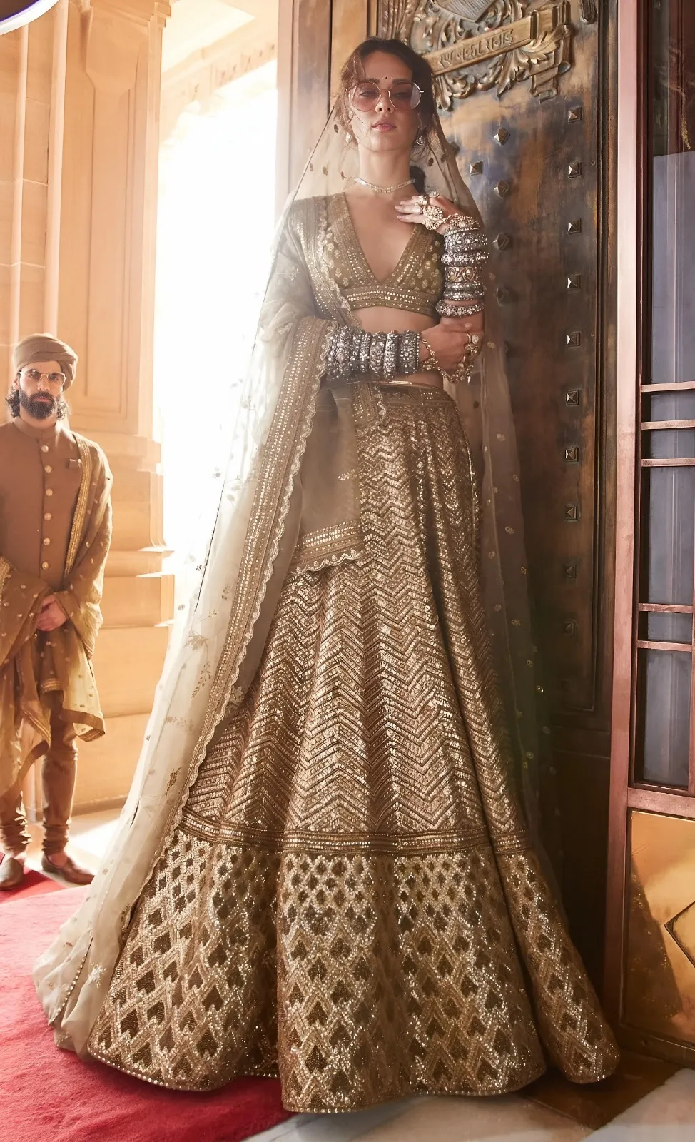 Antique Gold Bridal Lehenga with Heavy Embroidery & Net Dupatta