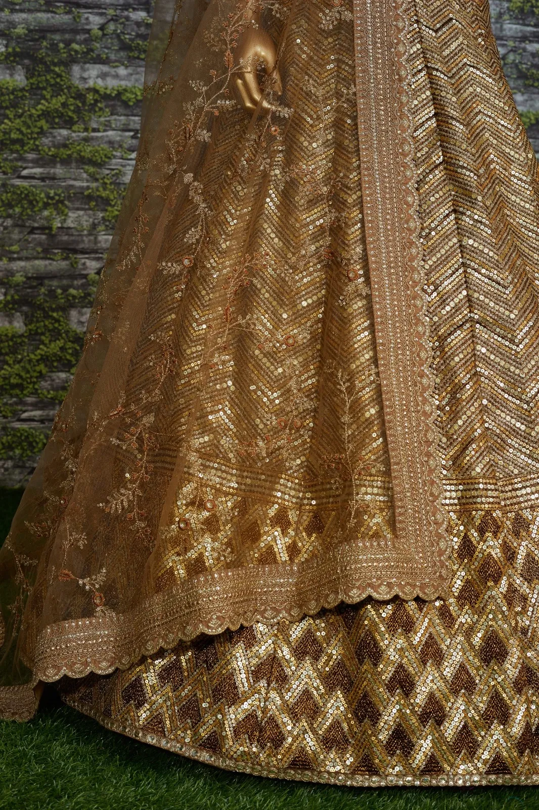 Antique Gold Bridal Lehenga with Heavy Embroidery & Net Dupatta - Image 2