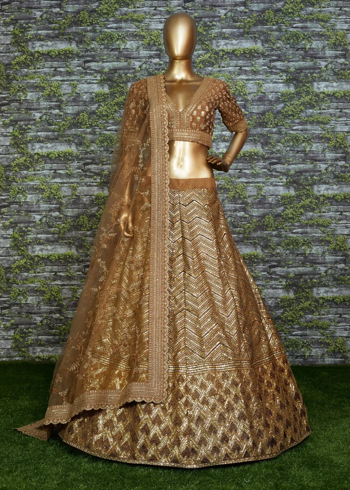 Antique Gold Bridal Lehenga with Heavy Embroidery & Net Dupatta - Image 7
