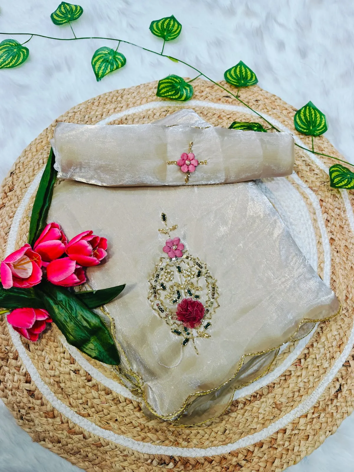 Chiku Color Handwork Saree