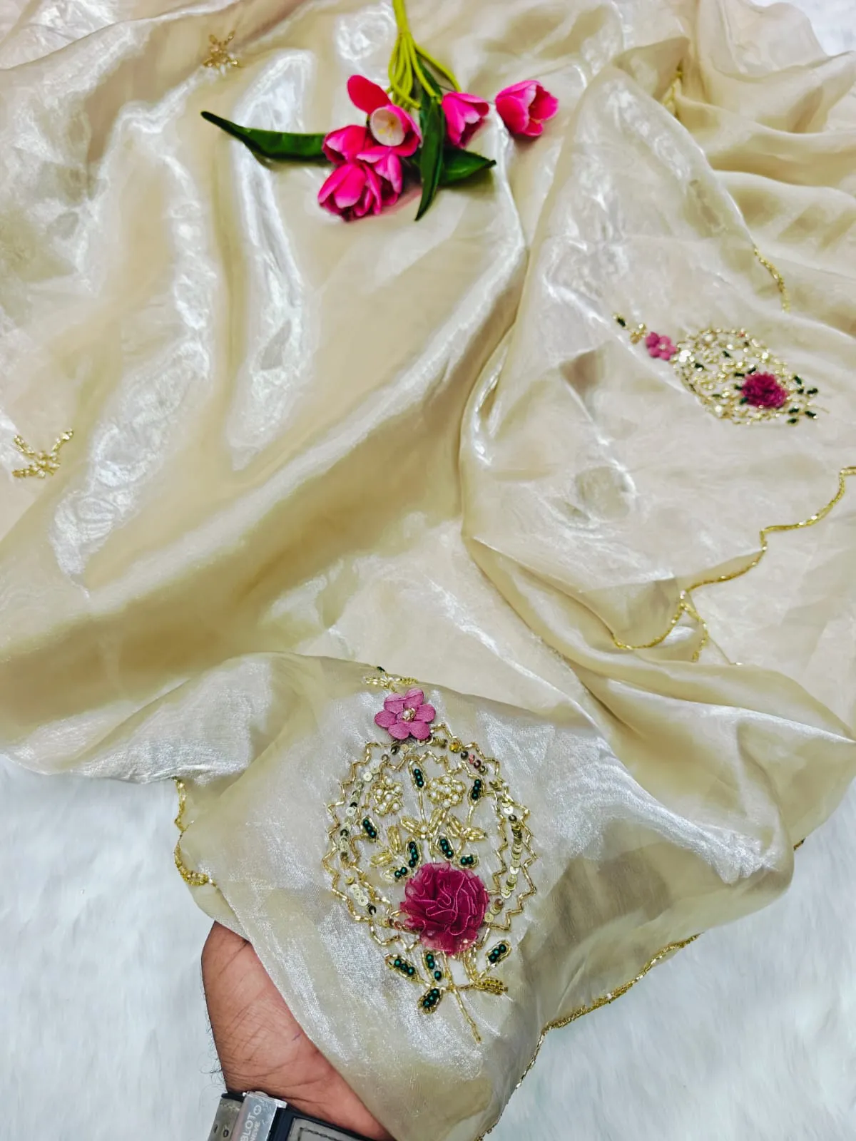 Chiku Color Handwork Saree - Image 2