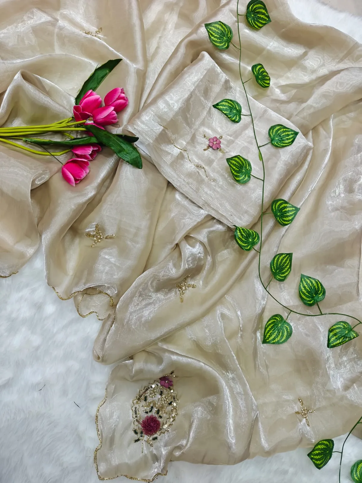 Chiku Color Handwork Saree - Image 3