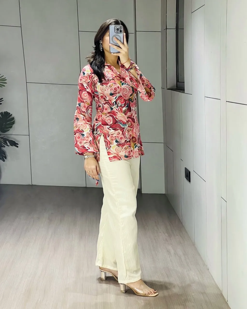Cotton Printed Short Top with Plazzo Cherry - Image 4