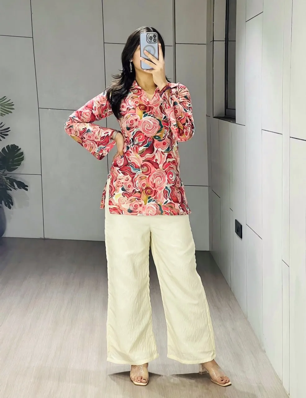 Cotton Printed Short Top with Plazzo Cherry