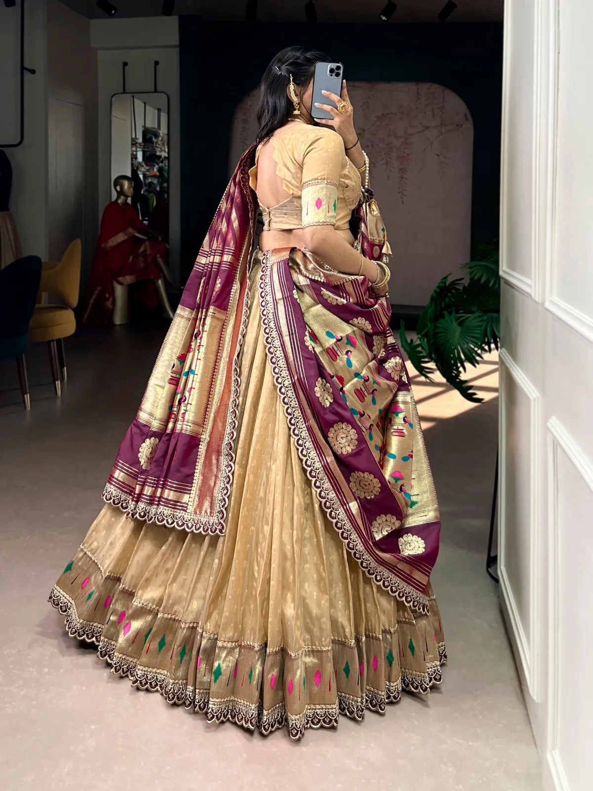 Creme Wedding Lehenga Choli with Paithani Dupatta - Image 2