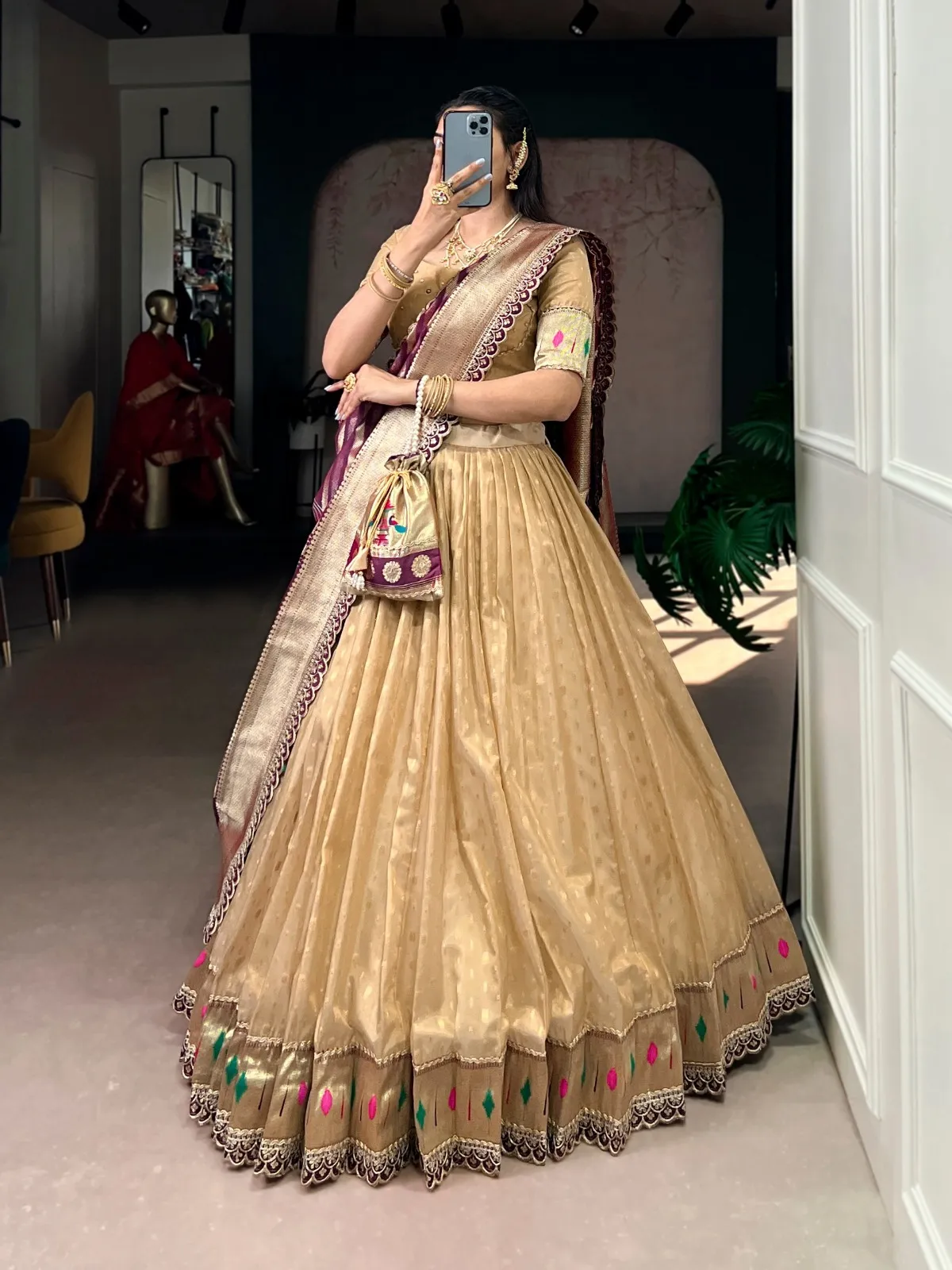 Creme Wedding Lehenga Choli with Paithani Dupatta - Image 3