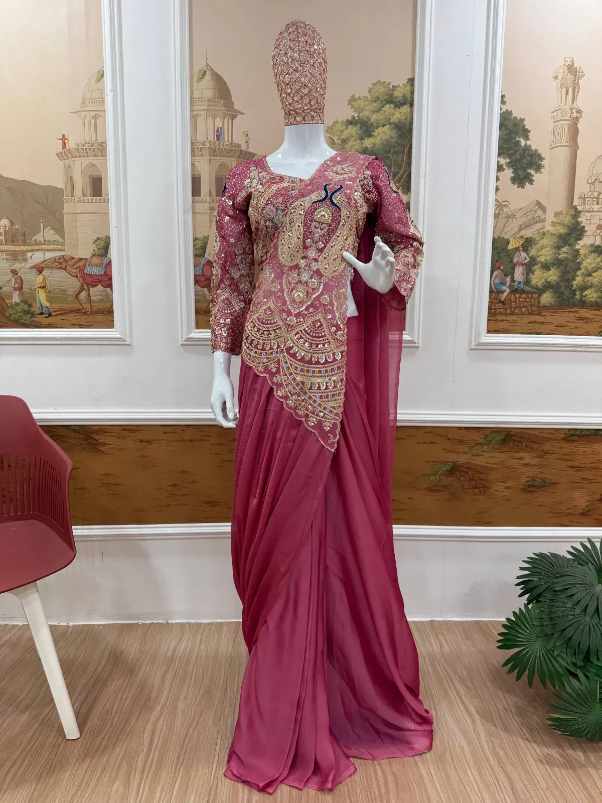 Double Peacock Pallu Readymade Saree Pink Color - Image 4