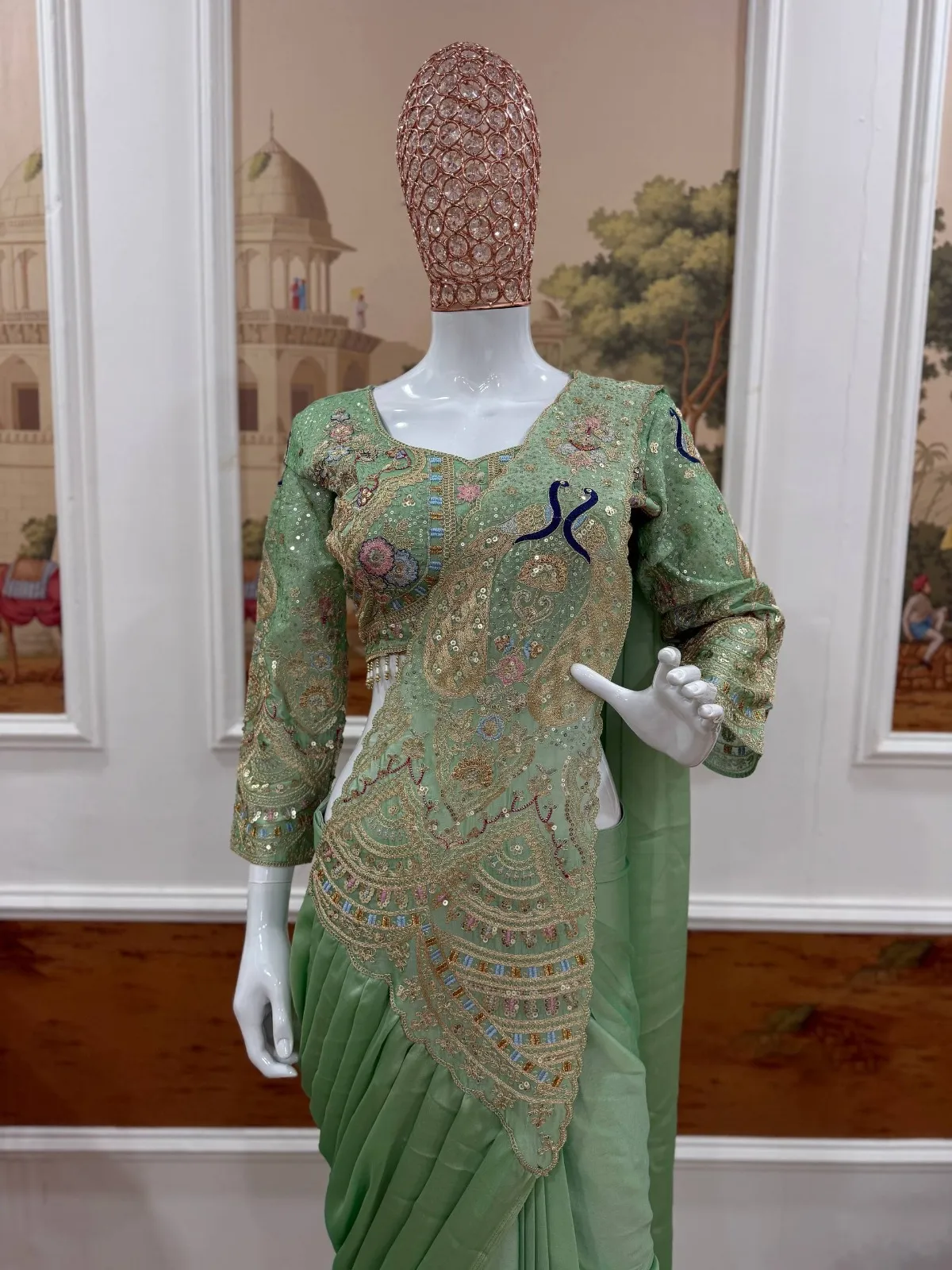 Double Peacock Pallu Readymade Saree Pista - Image 2