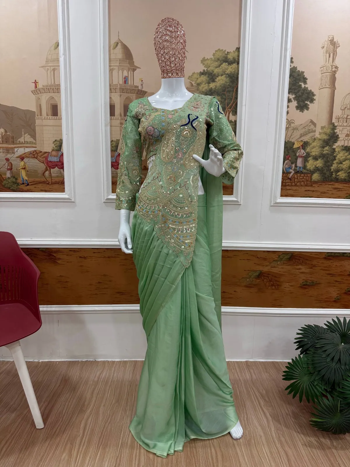 Double Peacock Pallu Readymade Saree Pista - Image 4