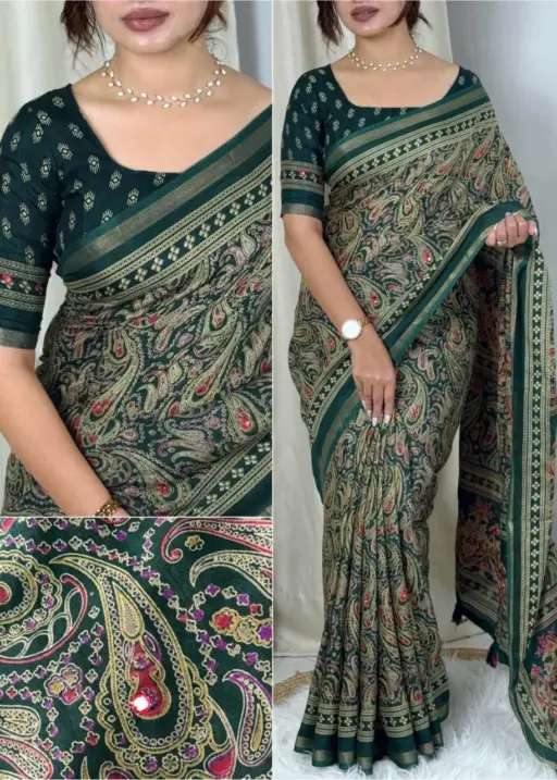 Green Ajrakh Printed Cotton Saree