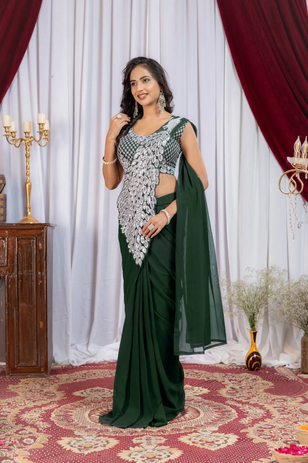 Green Color Peacock Pallu Readymade Saree
