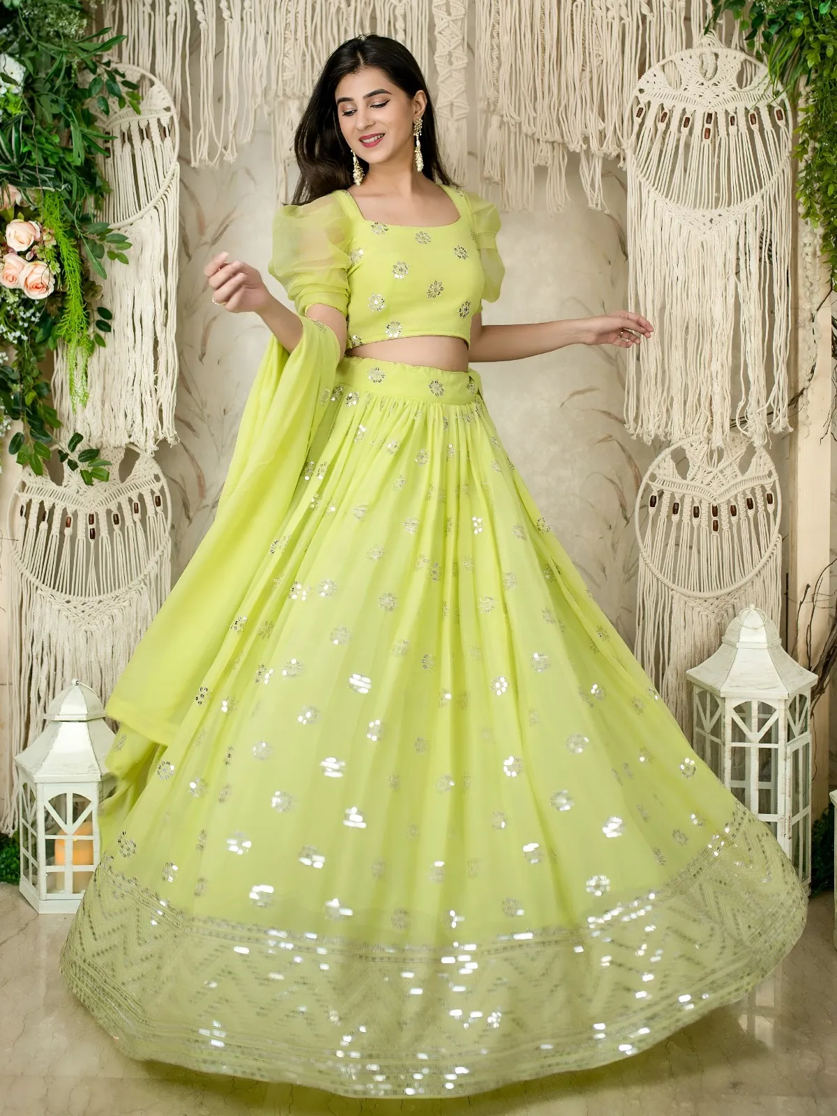 Lime Green Sequins Embroidered Lehenga with Puff Sleeve - Image 5