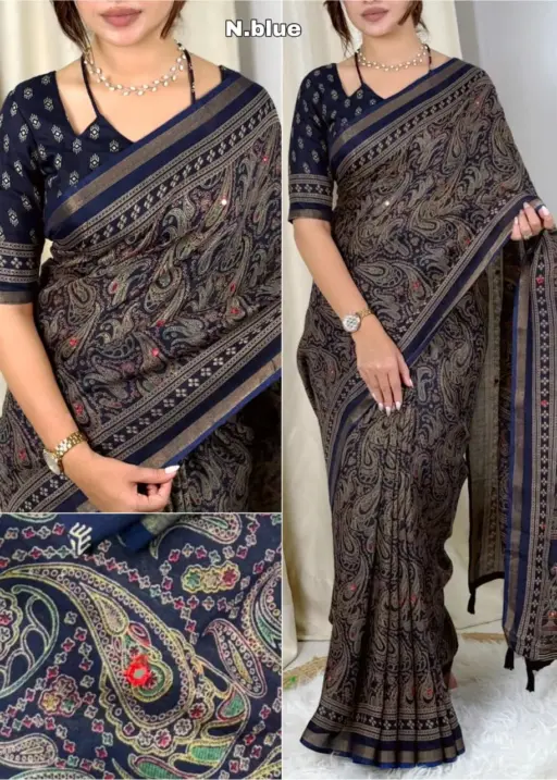 Navy Blue Ajrakh Printed Cotton Saree with Tassel