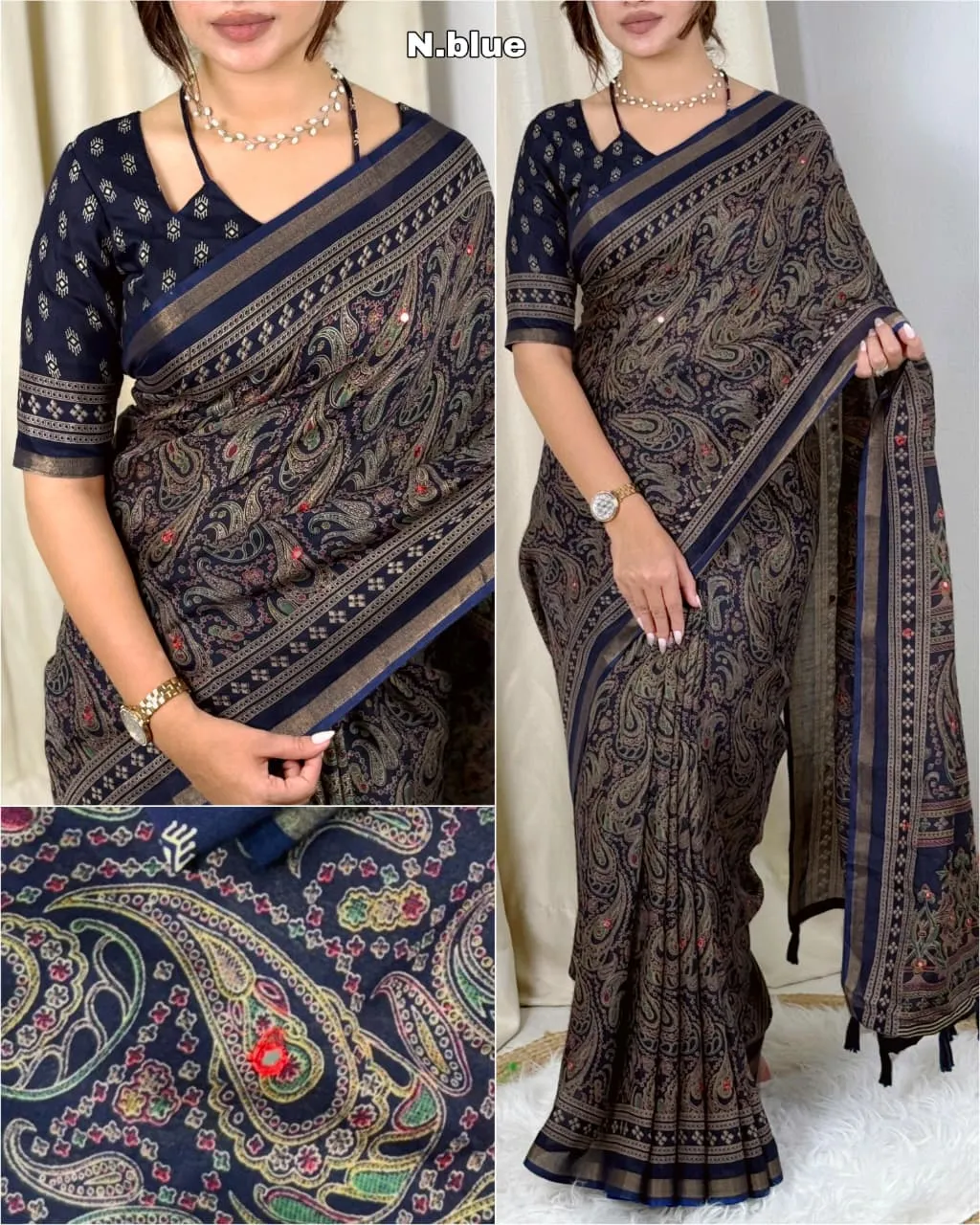 Navy Blue Ajrakh Printed Cotton Saree with Tassel