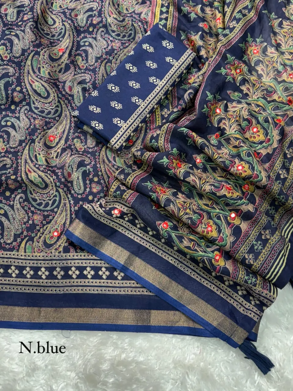 Navy Blue Ajrakh Printed Cotton Saree with Tassel - Image 2