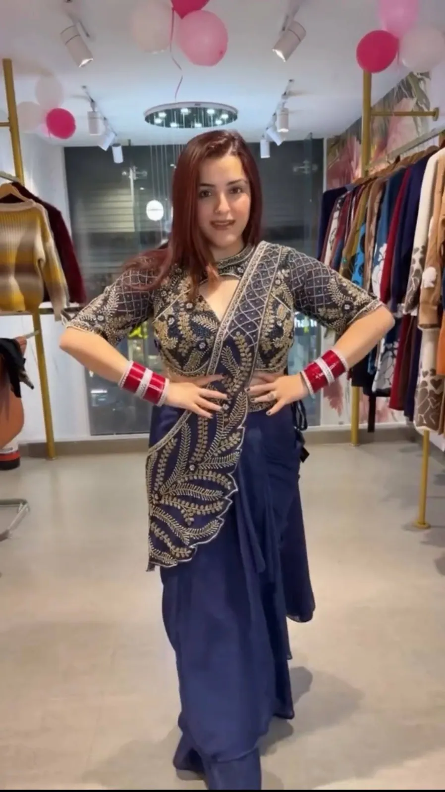 Navy Blue Readymade Saree with Embroidery Pallu