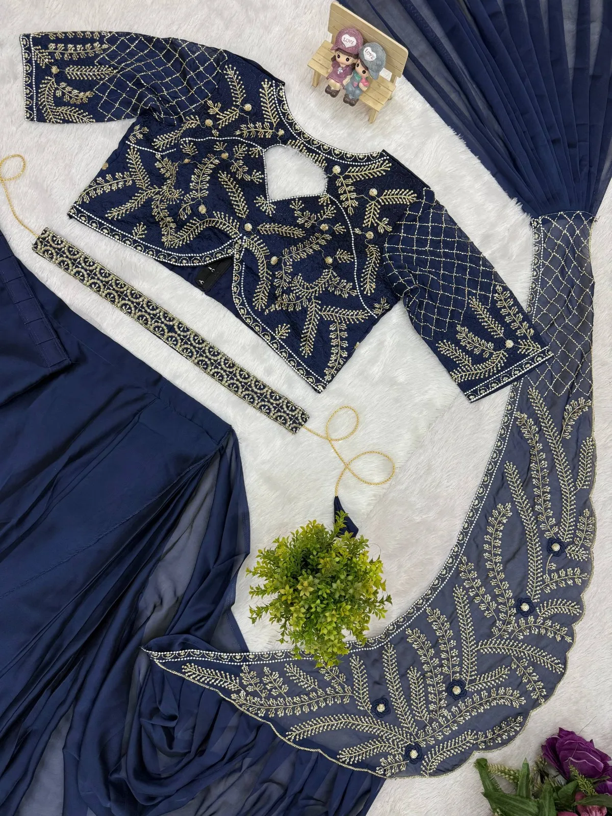 Navy Blue Readymade Saree with Embroidery Pallu - Image 2