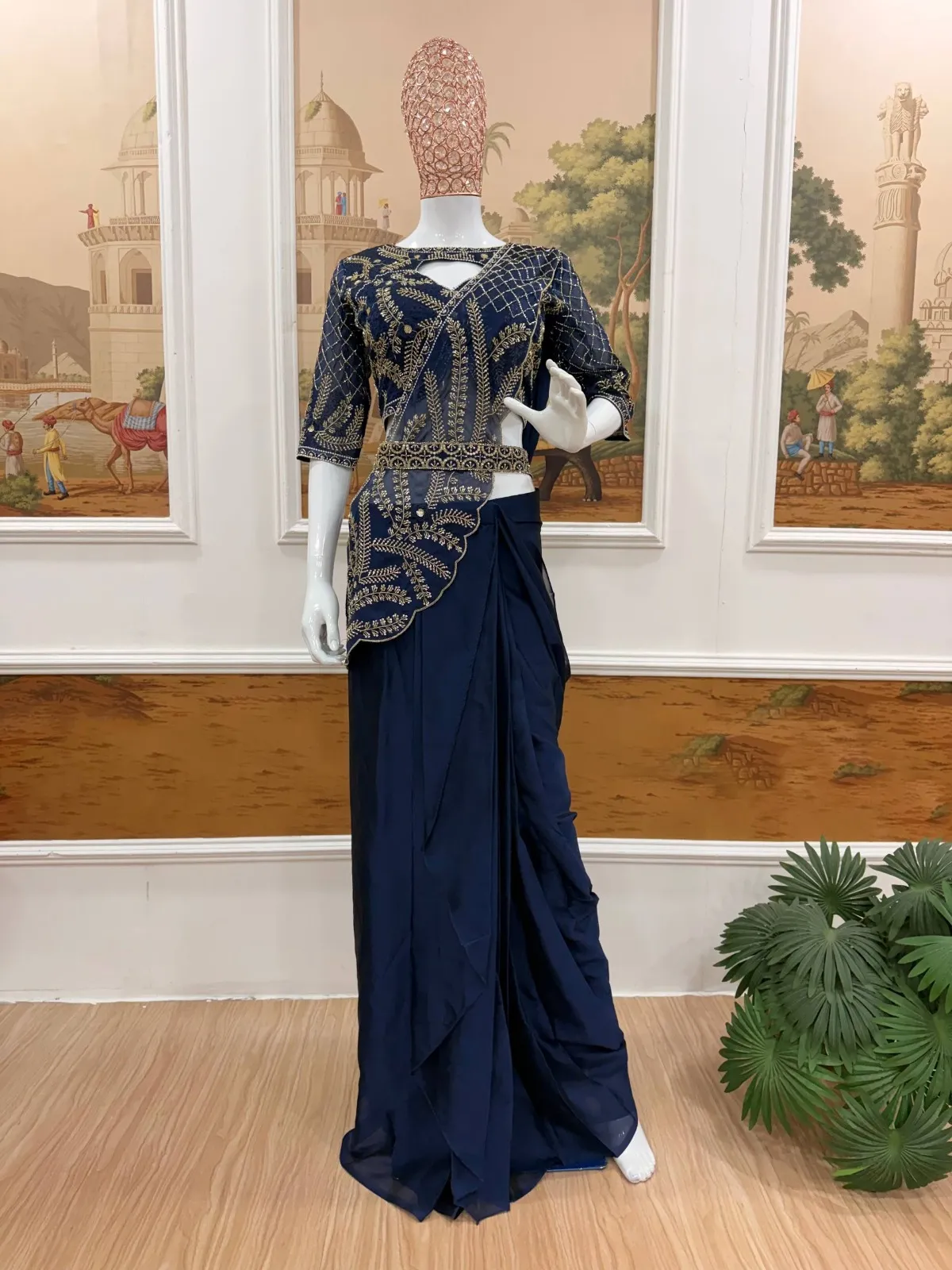 Navy Blue Readymade Saree with Embroidery Pallu - Image 3