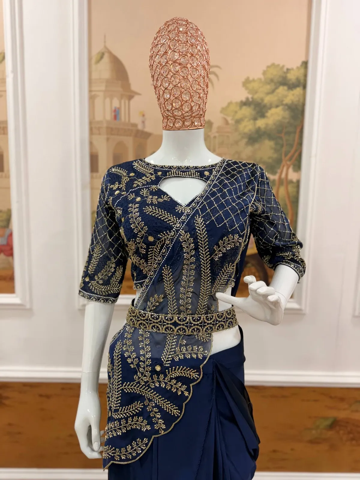 Navy Blue Readymade Saree with Embroidery Pallu - Image 4