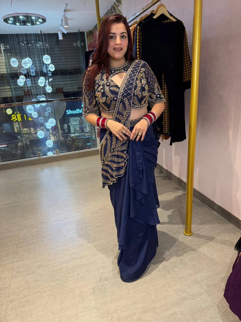 Navy Blue Readymade Saree with Embroidery Pallu - Image 5