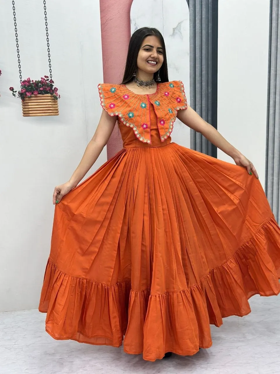 Orange Butterfly Pattern Neck Gown