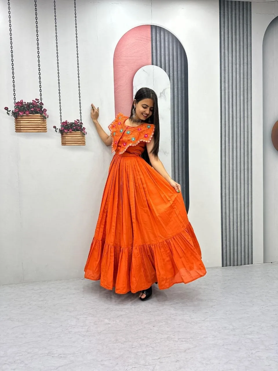 Orange Butterfly Pattern Neck Gown - Image 2
