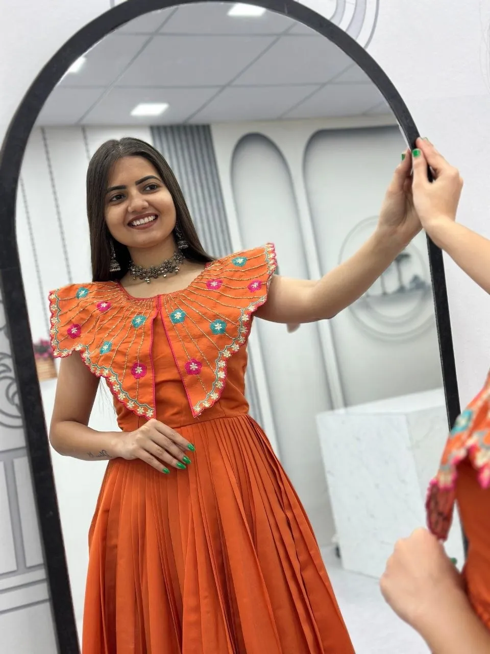 Orange Butterfly Pattern Neck Gown - Image 3