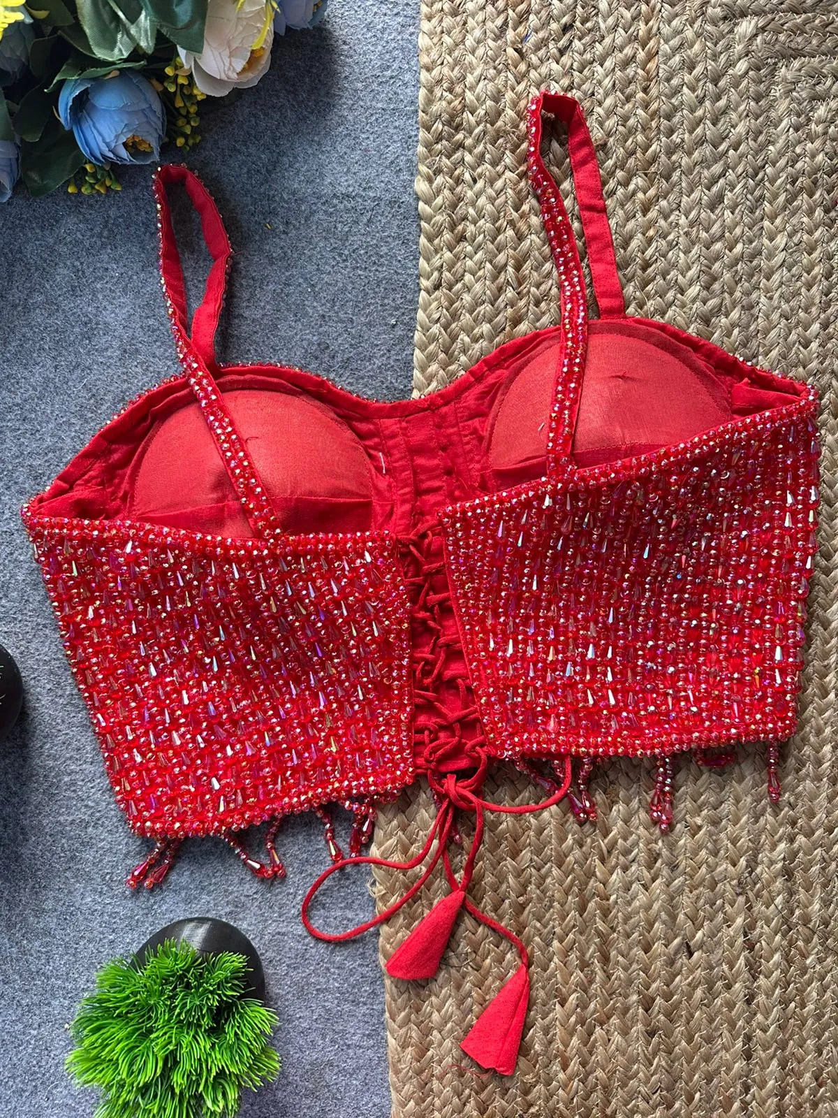 Party Wear Red Pearl Blouse - Image 2
