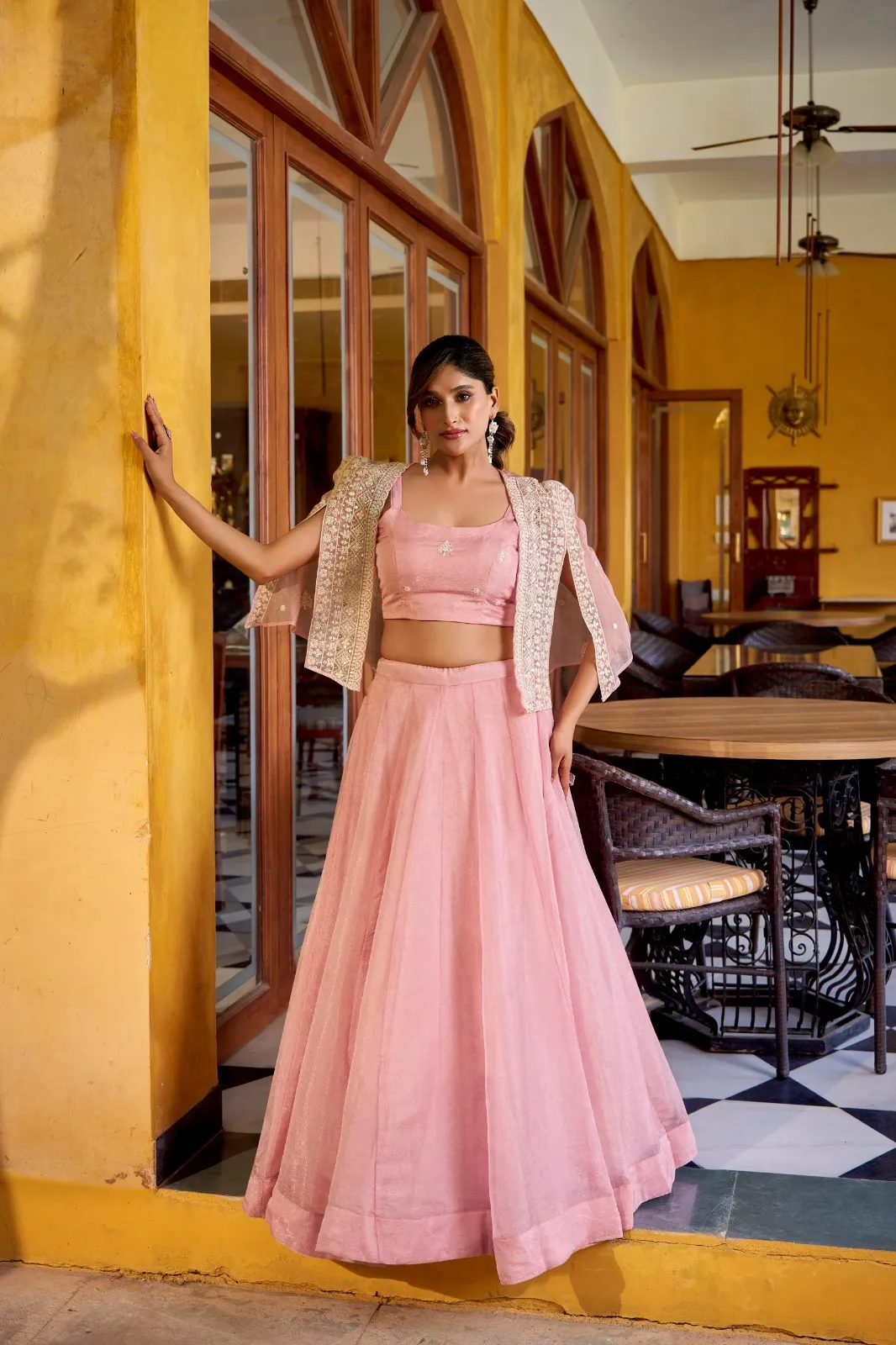 Pastel Pink Wedding Koti Blouse Lehenga Readymade