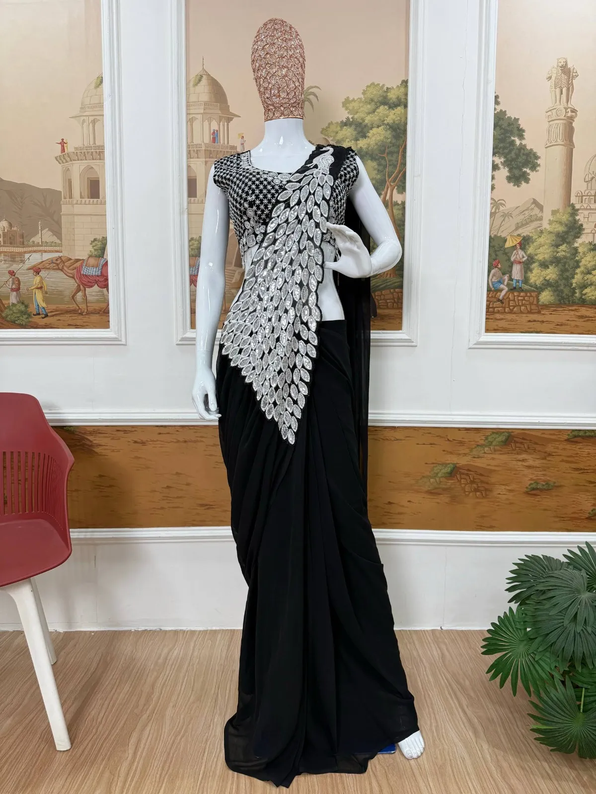 Peacock Pallu Readymade Saree Black Color