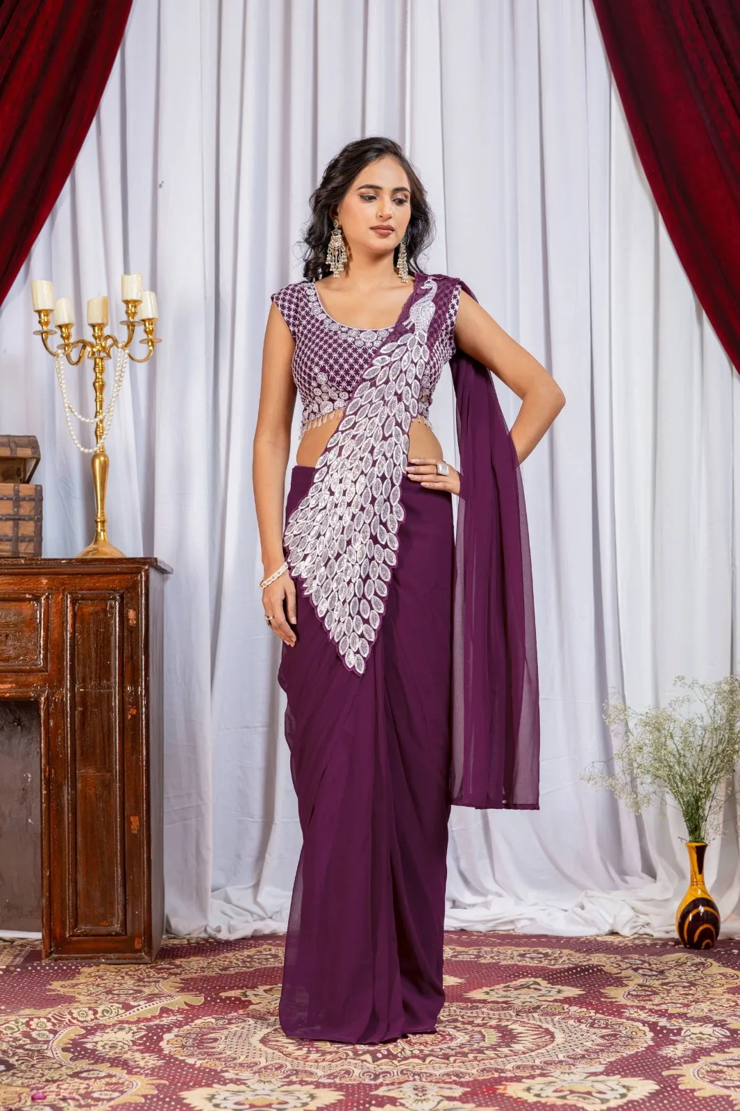 Peacock Pallu Readymade Saree Purple Color