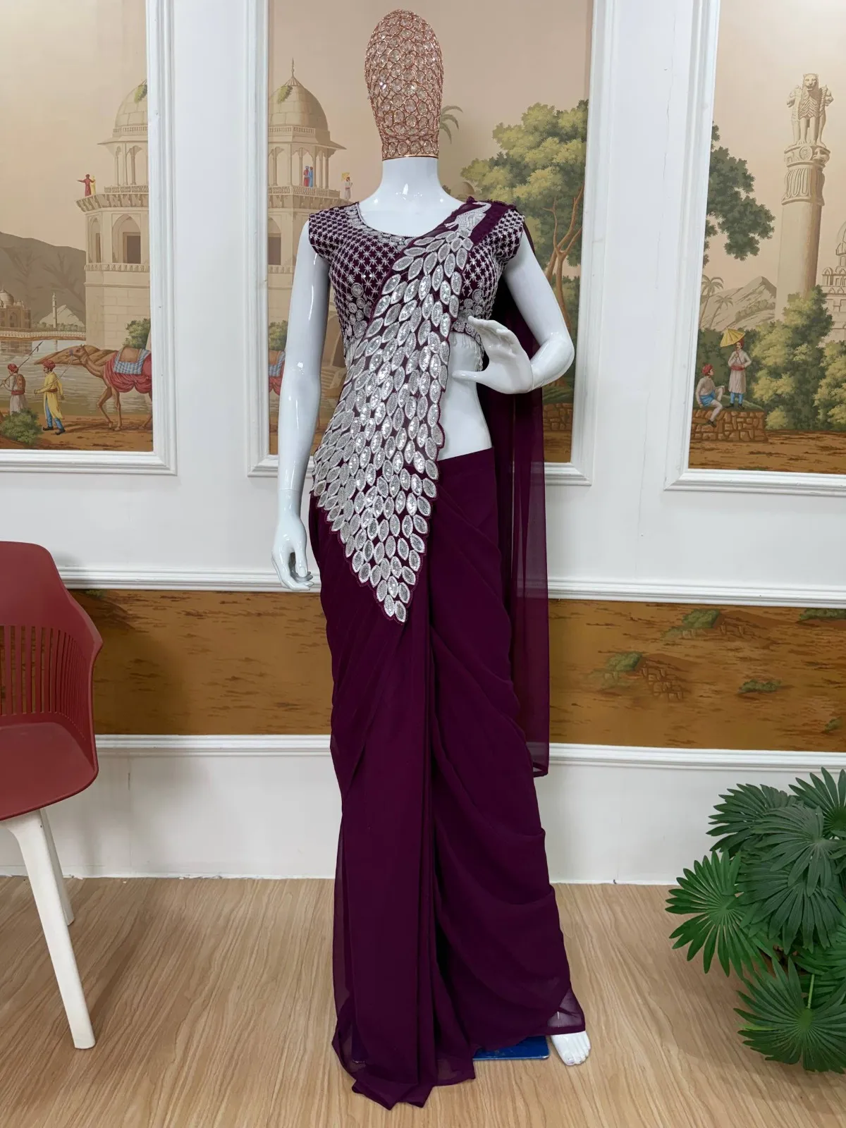 Peacock Pallu Readymade Saree Purple Color - Image 3