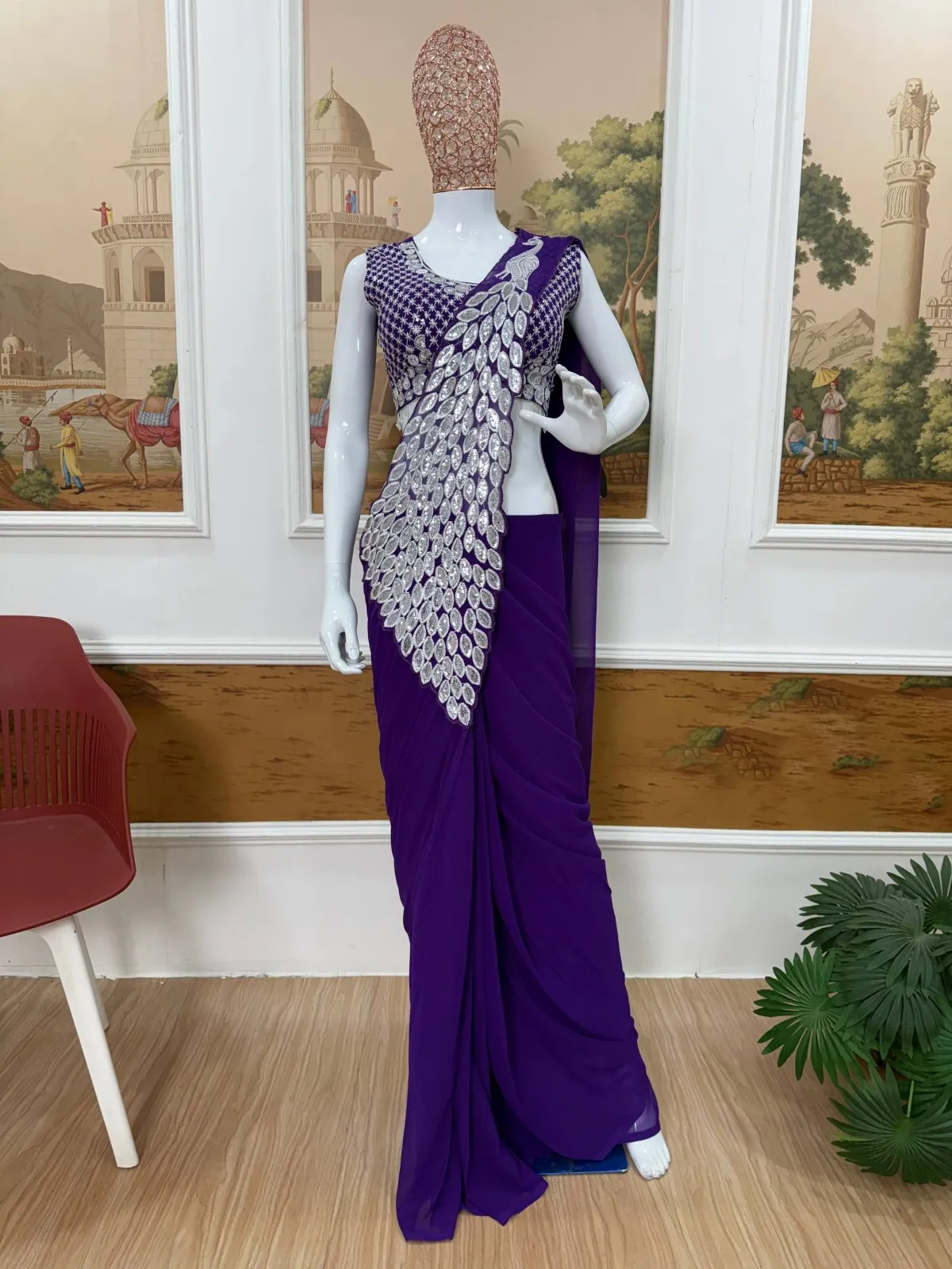 Peacock Pallu Readymade Saree Violet Color - Image 2