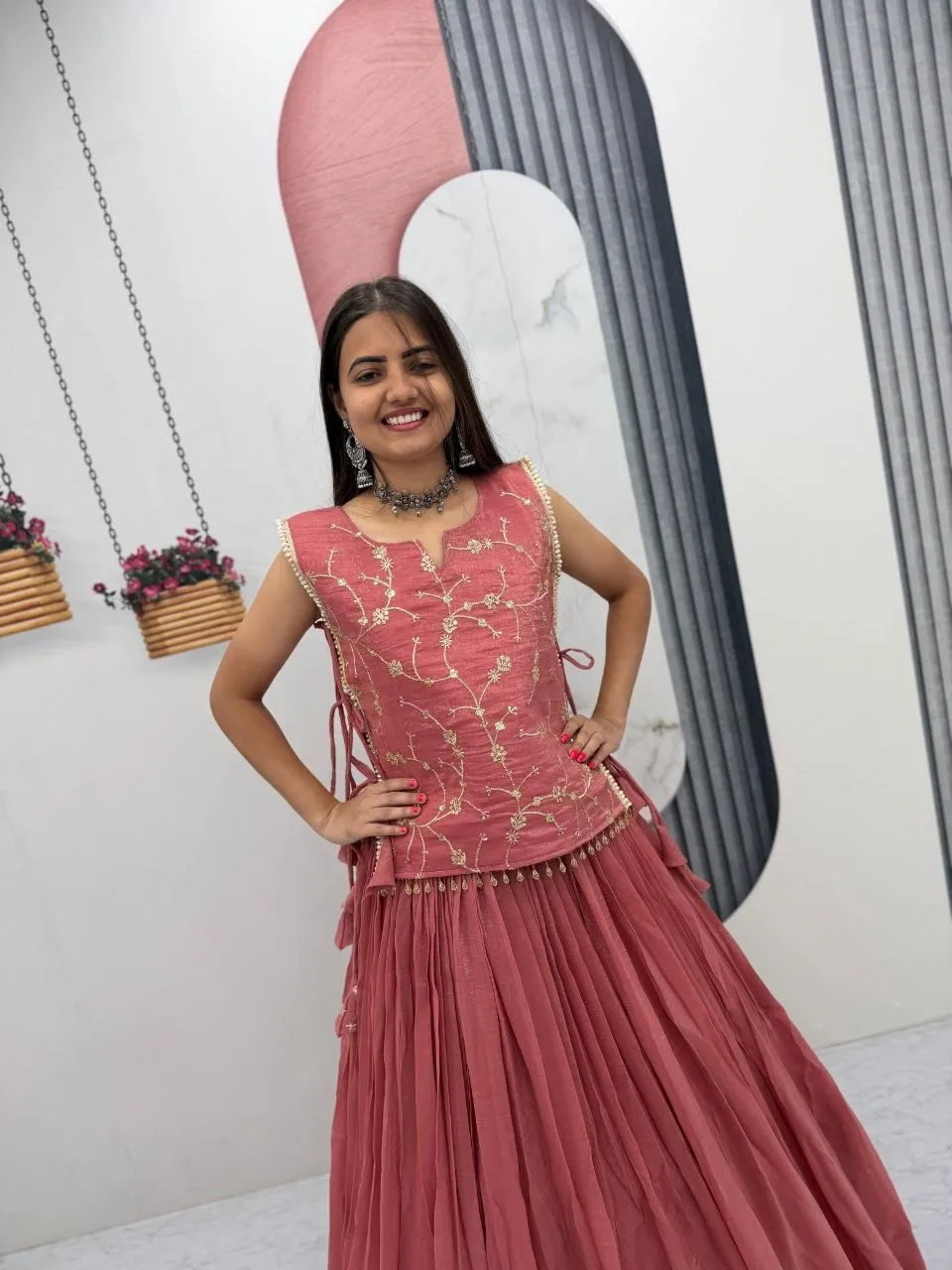 Pink Designer Long Blouse with Lehenga Under 2000