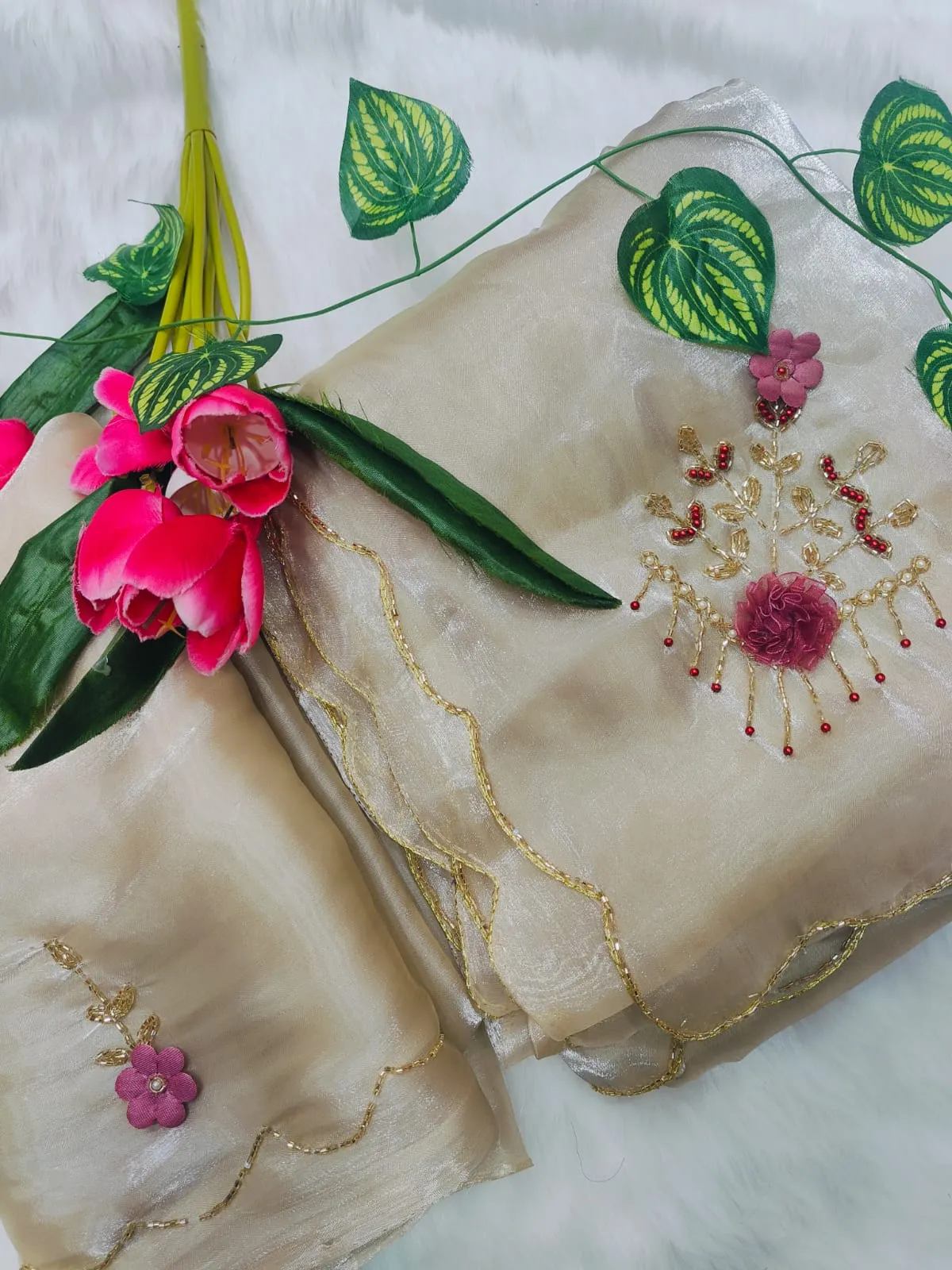 Premium Cut dana Handwork Saree with Lotus work - Image 2