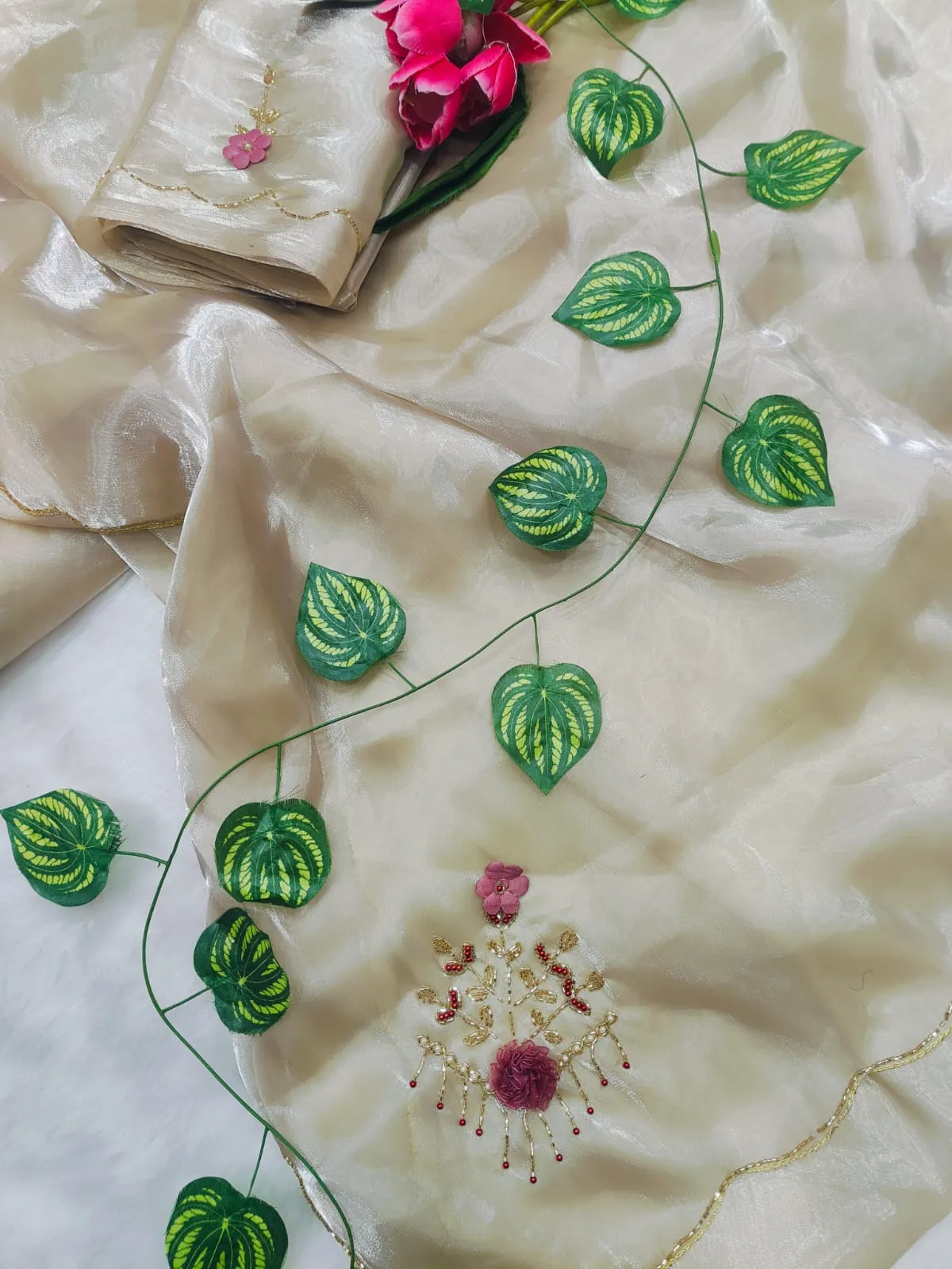 Premium Cut dana Handwork Saree with Lotus work - Image 3