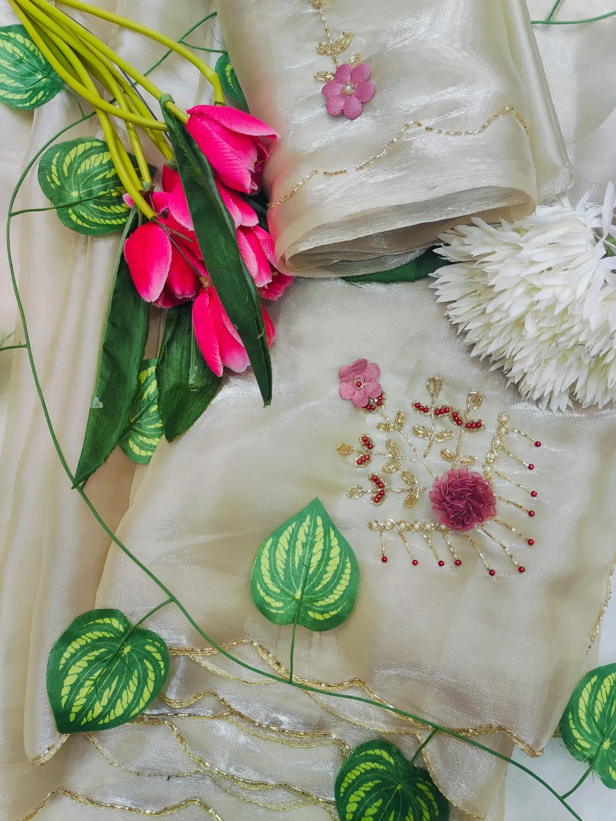 Premium Cut dana Handwork Saree with Lotus work - Image 4